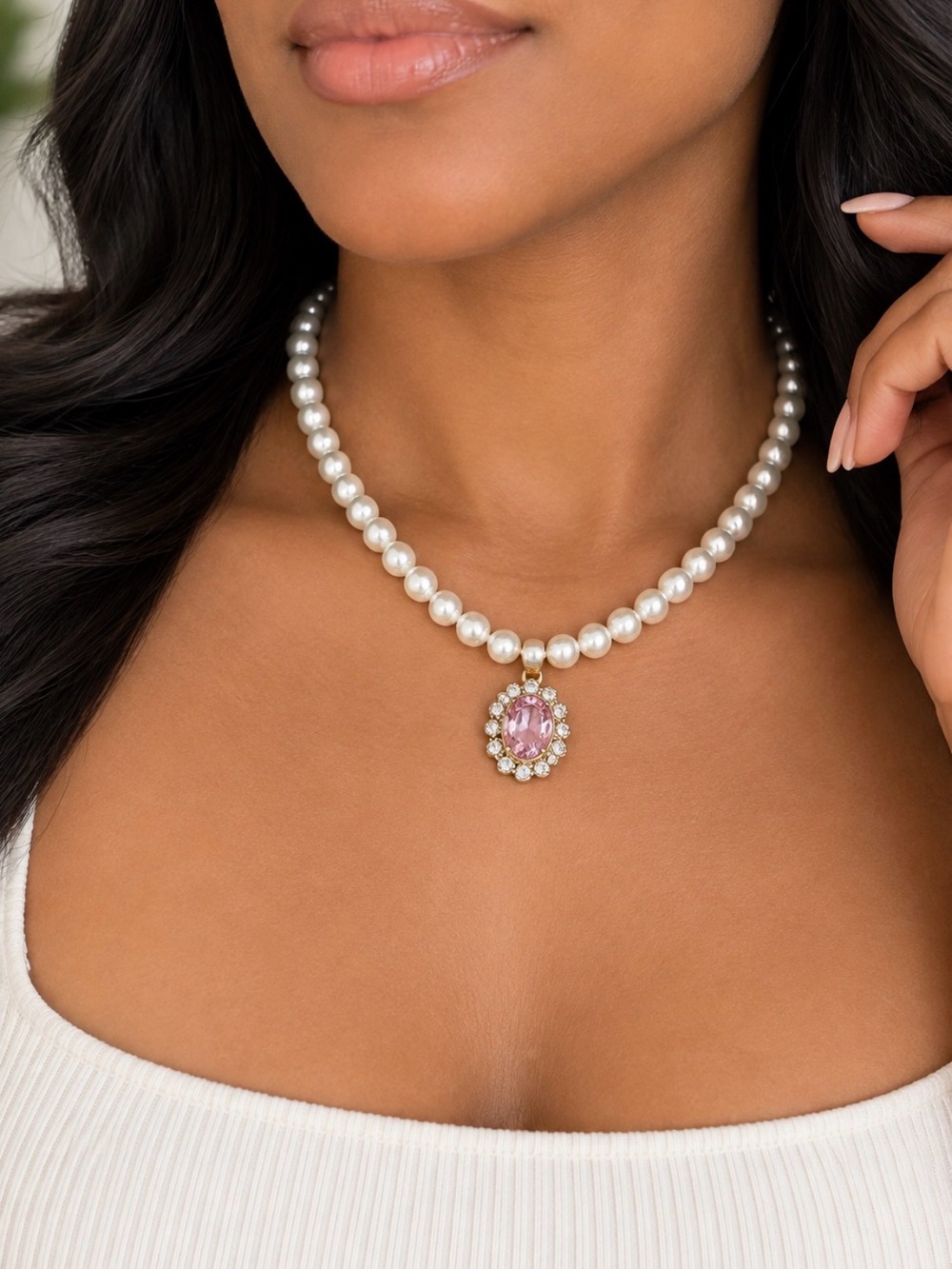 Pearl Necklace with Pink Crystal Pendant - Elegant Women's Jewelry